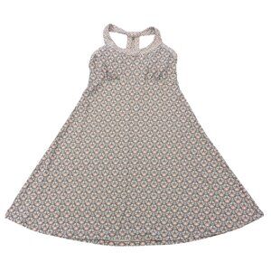 PRANA Cali Dress L Mushroom Gray Brown Orange Off White Stretch Fabric Shelf Bra